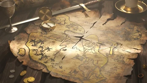 Funny hand-drawn ancient map with animated drawings. Treasure chest full of gold Stock Footage