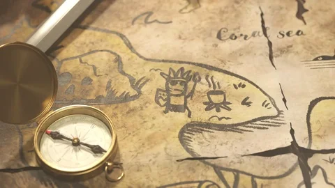 Funny hand-drawn ancient map with animated drawings. Treasure chest full of gold Stock-Footage 110097422
