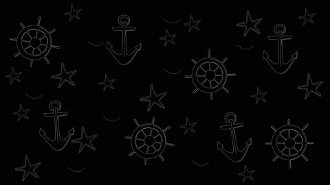 Funny hand drawn background with sea elements - waves, anchor, ship wheel, sea Stock Footage 131584325