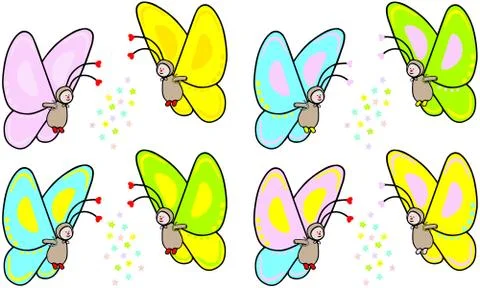 Funny hand drawn vector illustration of  cute butterfly in various colors Stock Illustration