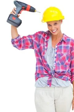 Funny handy woman with her power drill Stock Photos
