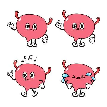 Funny happy bladder characters bundle set. Vector hand drawn doodle style tra Illustrazione stock