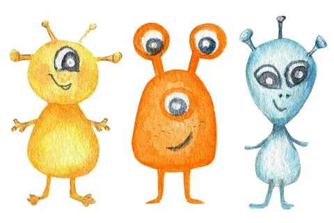 Funny happy cartoon alien space monster set. Watercolor isolated illustration on Stock Illustration
