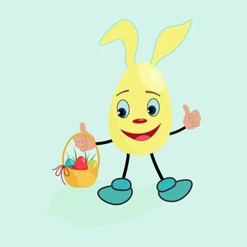 Funny happy Easter egg with bunny ears. A cute mascot is holding a basket. Stock Illustration