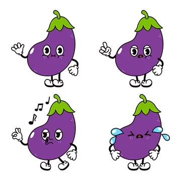 Funny happy eggplant characters bundle set. Vector hand drawn doodle style tr Stock Illustration