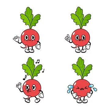 Funny happy radish characters bundle set. Vector hand drawn doodle style trad Stock Illustration