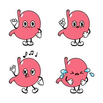 Funny happy stomach characters bundle set. Vector hand drawn doodle style tra Stock Illustration