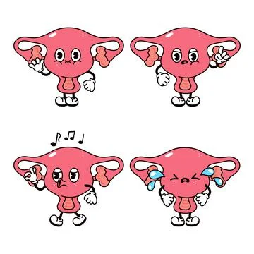 Funny happy uterus characters bundle set. Vector hand drawn doodle style trad Stock Illustration