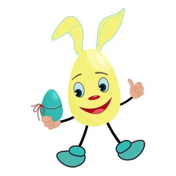 Funny happy yellow easter egg with bunny ears. Cute mascot in cartoon style. Stock Illustration