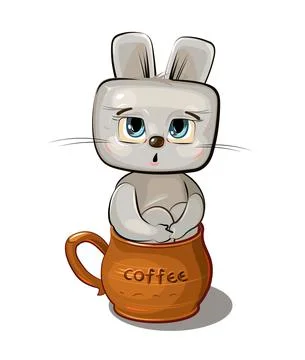 Funny Hare sits in a brown ceramic coffee mug. Cute comedian animal. Flat car Stock Illustration