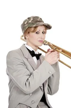 Funny Hat On A Pretty Trombone Player Stock Photos