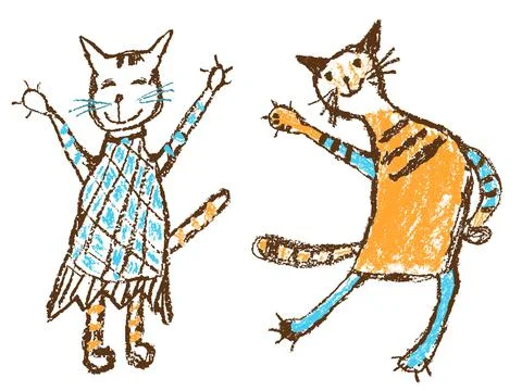 Funny he boy and she girl tabby two cats in dress. Crayon kids hand drawn Stock Illustration