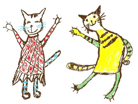 Funny he boy and she girl tabby two cats in dress. Crayon kids hand drawn Stock Illustration