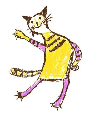 Funny he boy tabby doodle cat in dress. Wax crayon like child`s hand drawn Stock Illustration