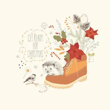 Funny Hedgehog sitting on Big Boot with Winter Bouquet Stock Illustration
