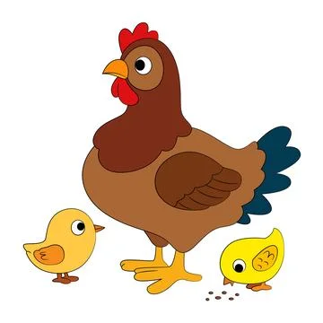 Funny hen with chicks  on white background Stock Illustration