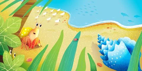 Funny Hermit Crab Finds Shell on Beach Cartoon Stock Illustration