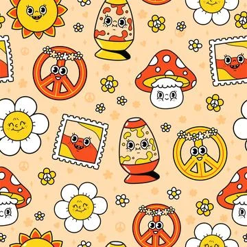 Funny hippie seamless pattern. Vector doodle line cartoon character illustration Stock Illustration