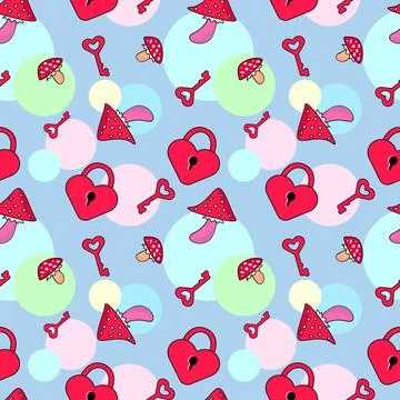 Funny hippie seamless pattern. Vector doodle line cartoon Love keys and Mushr Stock Illustration