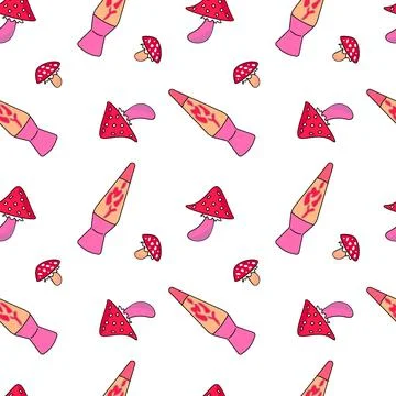 Funny hippie seamless pattern. Vector doodle line cartoon Lava Lamp and Mus.. Stock Illustration