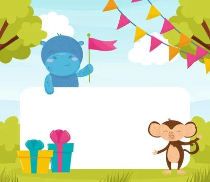 Funny Hippo and Monkey at Empty Greeting or Invitation Card Vector Template Stock Illustration
