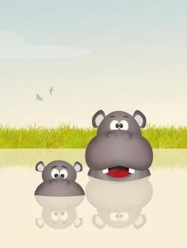 Funny hippos in the pond Stock Illustration