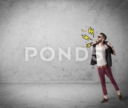 Funny hipster in fashion clothing shouting Stock Photos