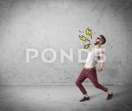 Funny hipster in fashion clothing shouting Stock Photos