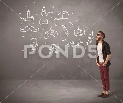 Funny hipster guy shouting drawn items Stock Photos