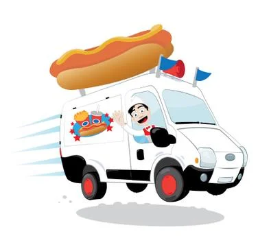 Funny hot dog van driven by a friendly man cheering and smiling Stock Illustration