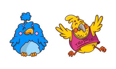Funny Humanized Bird Character Dancing and Smiling Vector Set 스톡 일러스트