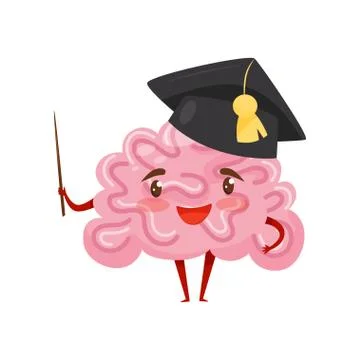Funny humanized brain in black academic cap with pointer in hand. Cartoon Stock Illustration