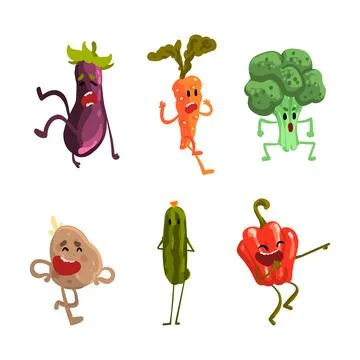 Funny Humanized Vegetables with Different Face Expression Vector Set Stock Illustration