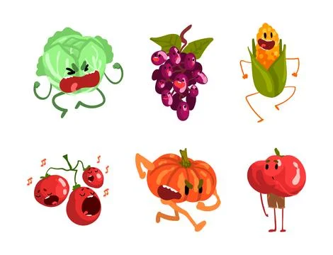 Funny Humanized Vegetables with Different Face Expression Vector Set Stock Illustration