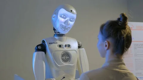 Funny humanoid robot with display face Stock Video Pond5