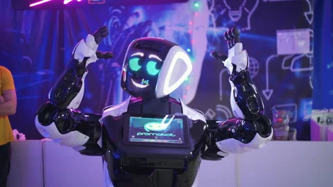 Funny humanoid robot with a positive emotion, dancing with a hand movement. Stock Footage 169080802