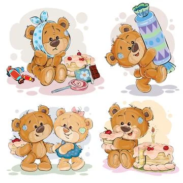 Funny illustrations with teddy bear on the theme of love for sweets Stock Illustration