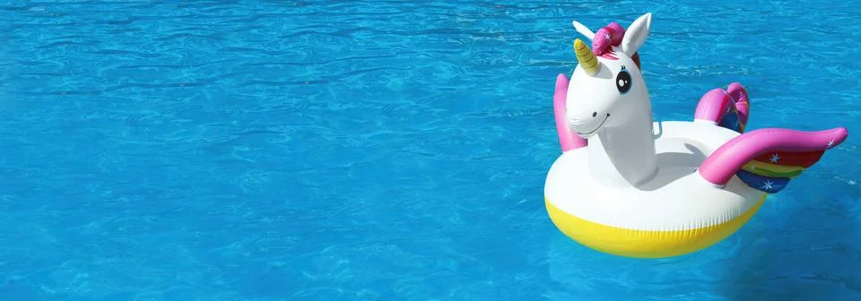 Funny inflatable unicorn ring floating in swimming pool on sunny day, space f Stock Photos