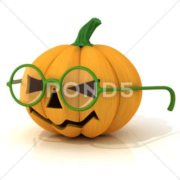 Funny Jack O Lantern. Halloween pumpkin with green glasses Stock Illustration