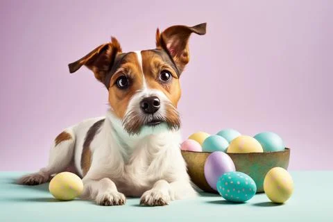Funny jack russell dog with easter decoration. Pink background with copy spac Stock Illustration