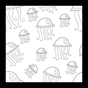 Funny Jellyfish Seamless Pattern. Outline Doodle Background, Ocean and Sea co Stock Illustration