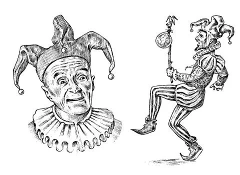 Funny jester in fool s cap. Clown in costume. Comedian character. Vintage Stock Illustration