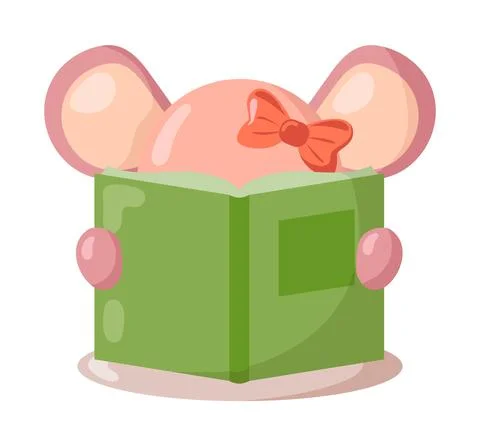 Funny kawaii mouse with book in flat design with shadows. Stock Illustration
