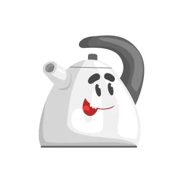 Funny kettle character with smiling face, humanized home electrical equipment Stock Illustration