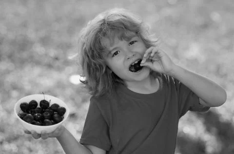 Funny kid eats cherries. Excited face. Cherry for kids. Teenager child hold Stock Photos
