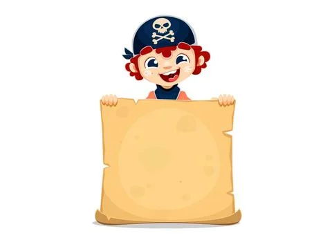 Funny kid pirate character with scroll parchment Illustrazione stock