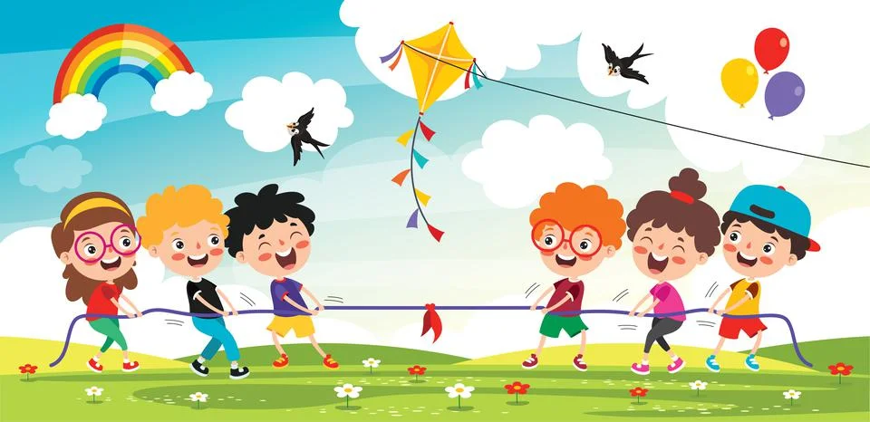Funny Kids Playing Pulling Rope Stock Illustration