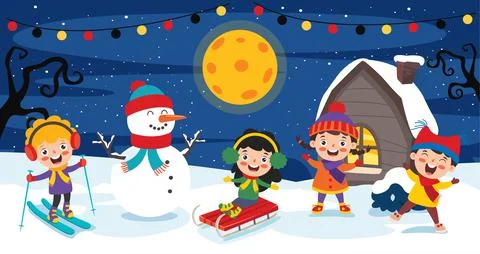 Funny Kids Playing At Winter Stock Illustration