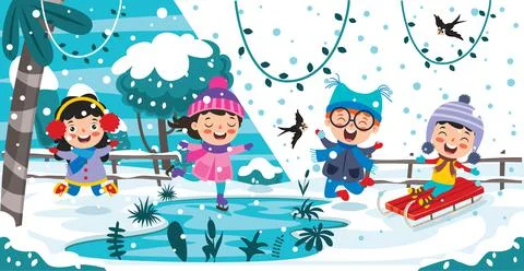 Funny Kids Playing At Winter Stock Illustration