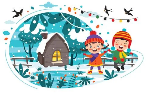 Funny Kids Playing At Winter Stock Illustration